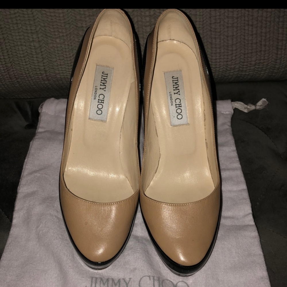 Jimmy Choo black patent & tan leather heels 8